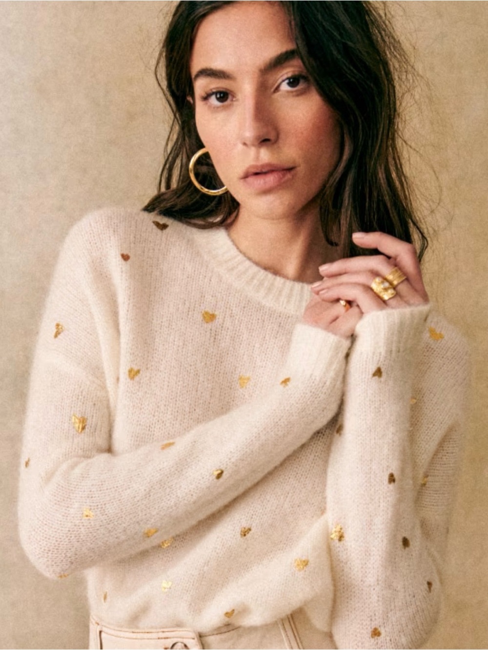 Sezane Ivory Crewneck Sweater with Gold Heart Accents